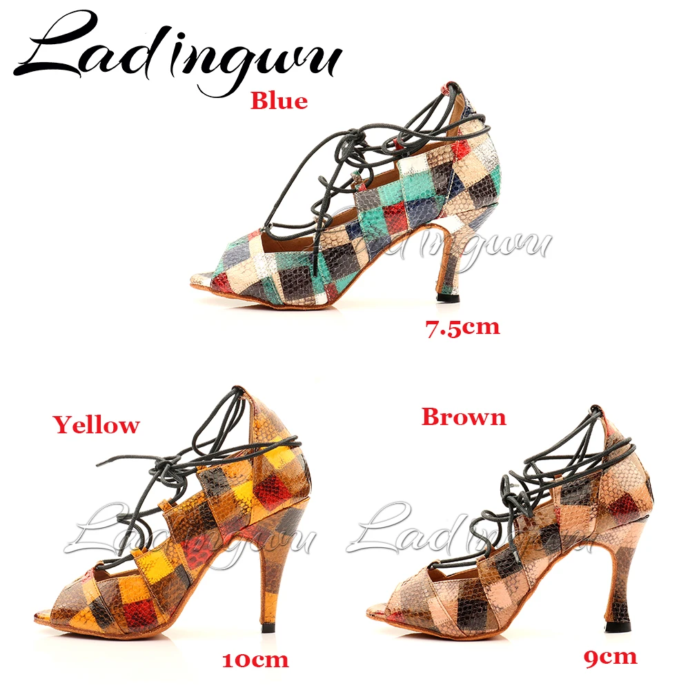 Ladingwu Latin Dance Shoes Roman Boots Dance Soft Bottom For Women Girls Ballroom Dance Shoes Characteristic Plaid Style PU