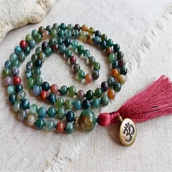 6mm Moss Agate Gemstone 108 Beads knot Tassel Mala Necklace Spirituality Japa Classic Religious Chakra Spiritua Wristband Retro