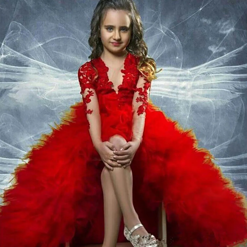 Red Lace Appliqued High Low Flower Girl Dresses Tiered Skirts Little Girls Pageant Dress Feather First Holy Communion Gowns