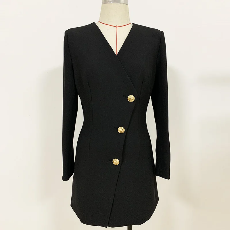 S-XL High Quality 2021 Pure Black V-neck Long Sleeve Three Gold Buttons Slim Fit Wrap Commuter Casual Woman Dress