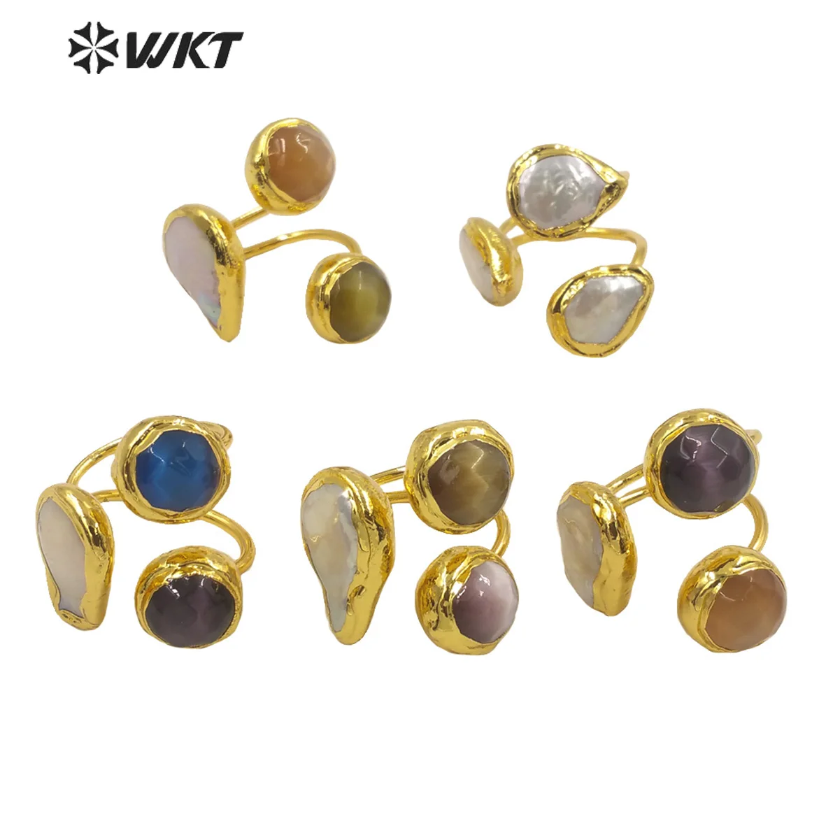 WT-R372 Wholesale Fashion Gold Triple Round Stone Ring Women Natural Cat Eye And Pearl Adjustable Size America Design Decoration