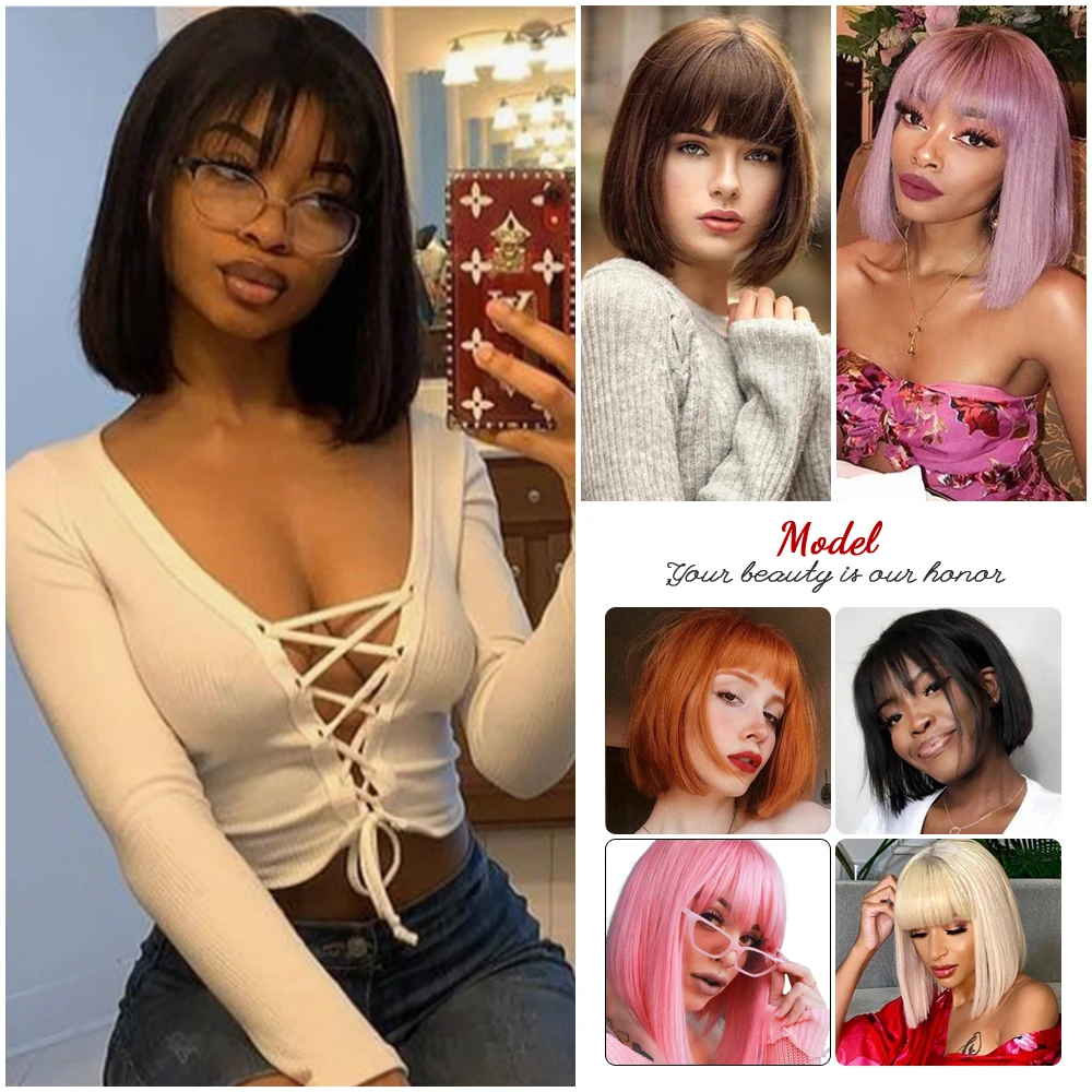 Short Bob Wig With Bangs Synthetic Wigs For Women Ombre Black Red Blonde Pink Lolita Cosplay Party Natural Hair Perruque Bob