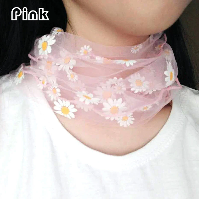 Women Silk Scarves Elegant Daisy print Mesh Bib Scarf Lace Scarf Fake Collar Fashion Lady Neck Chiffon Scarves Sun Protection