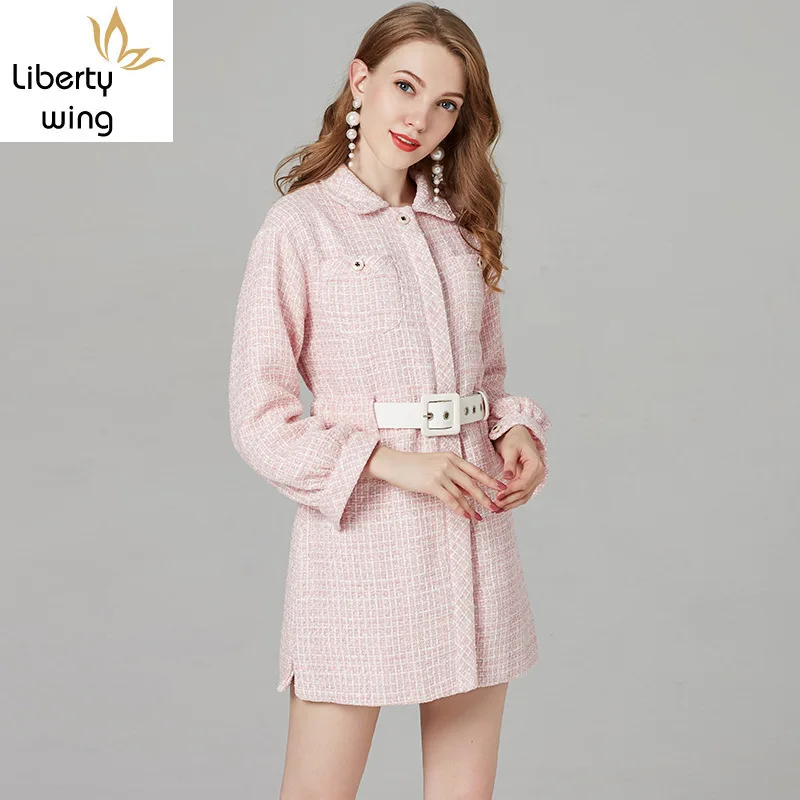 

Women Autumn Runway Tweed Shirt Pink Elegant Italy Designer Party Twill Loose Mini Dress Belted Female High Street Dresses