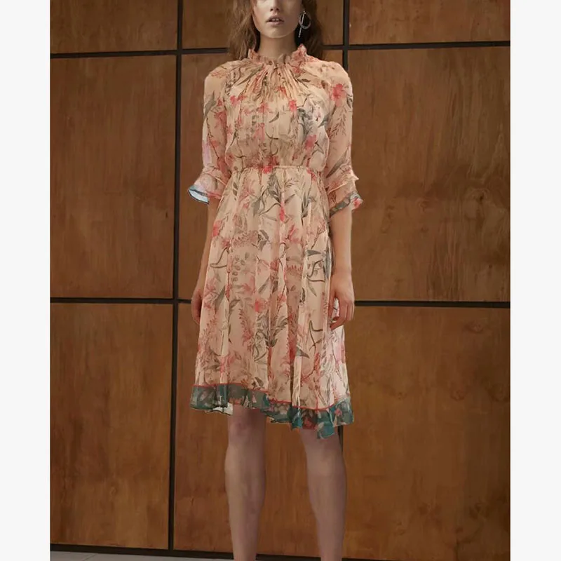 

Women Runway Dress 2020 High Quality Spring Summer V-Neck Ruffles Printed Dresses Casual Dress NP0396C