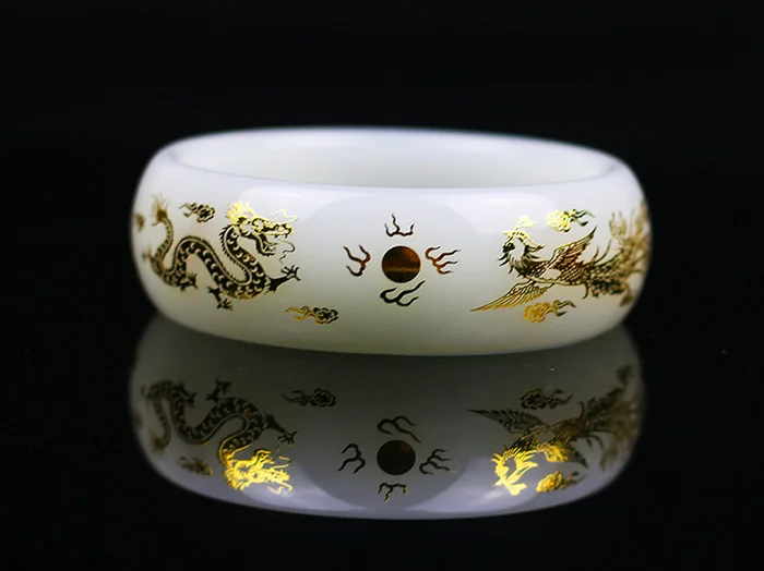 

Natural white jade bangles for women handmade dragon phoenix and jade bracelet for women