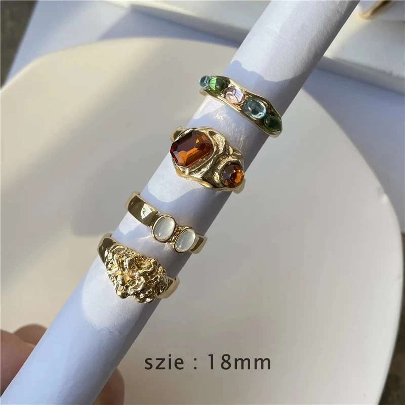 HangZhi 2021 New Colorful Rhinestone Trendy Irregular Metal Geometric Set Ring for Women Girls Summer Party Jewelry
