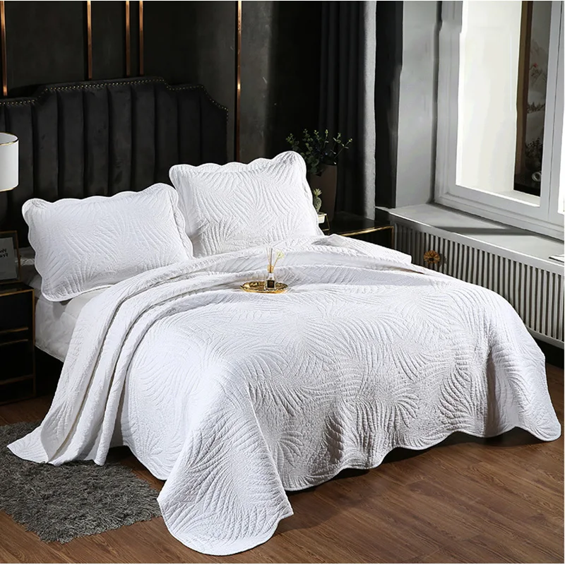 White Cotton Bedspread Quilt Set 3PCS Embroidered Bed Cover with 2 Pillowcase King Size Coverlet Blanket for Bed Home Decor