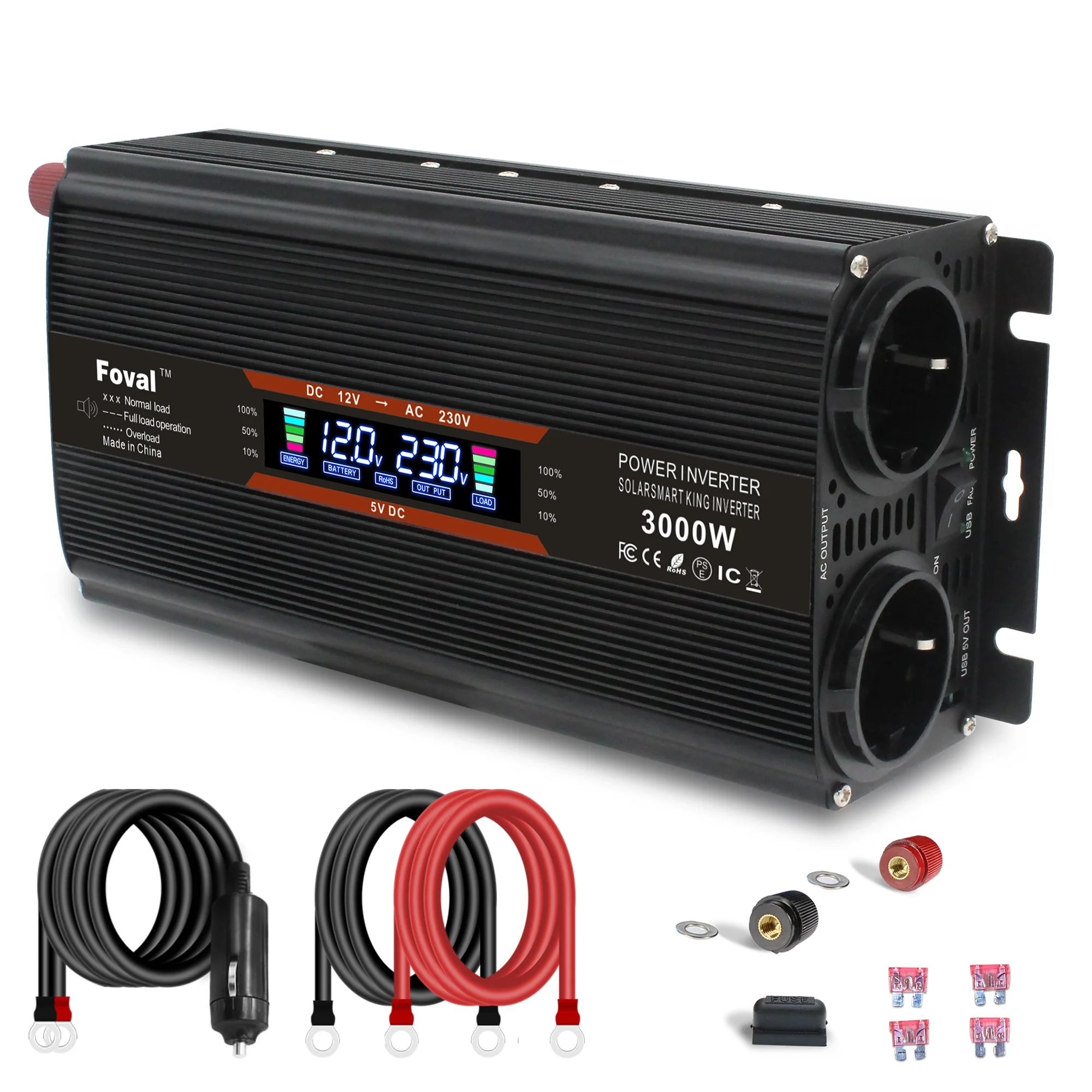 3000W Replaceable Fuse Inverter DC 12V/24V to AC 220V 230V LCD Voltage Display Solar Power Voltage Converter Dual EU Socket