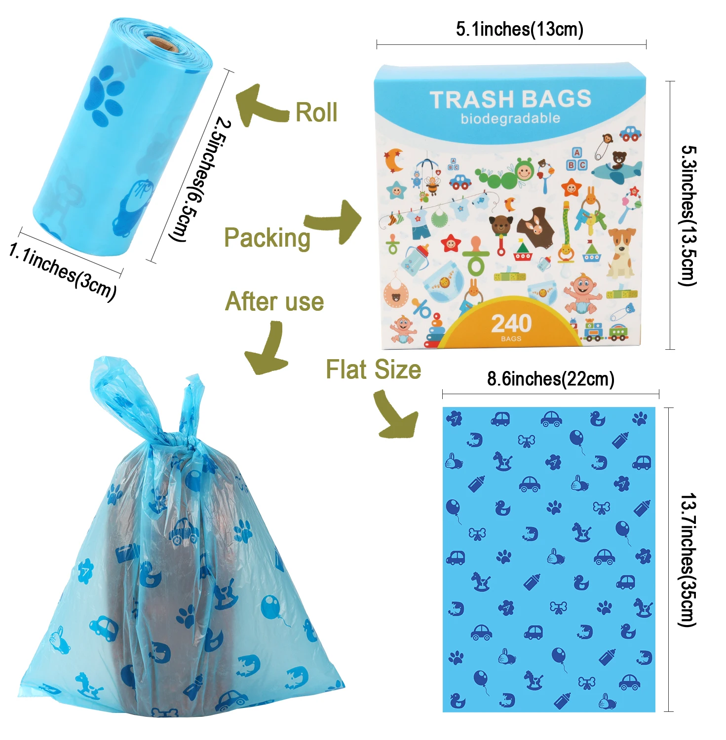 Baby Disposable Diaper Bags, 100% Biodegradable Diaper Sacks, Durable and Portable Disposable Waste Bag, Pet Waste, Fruit Peels