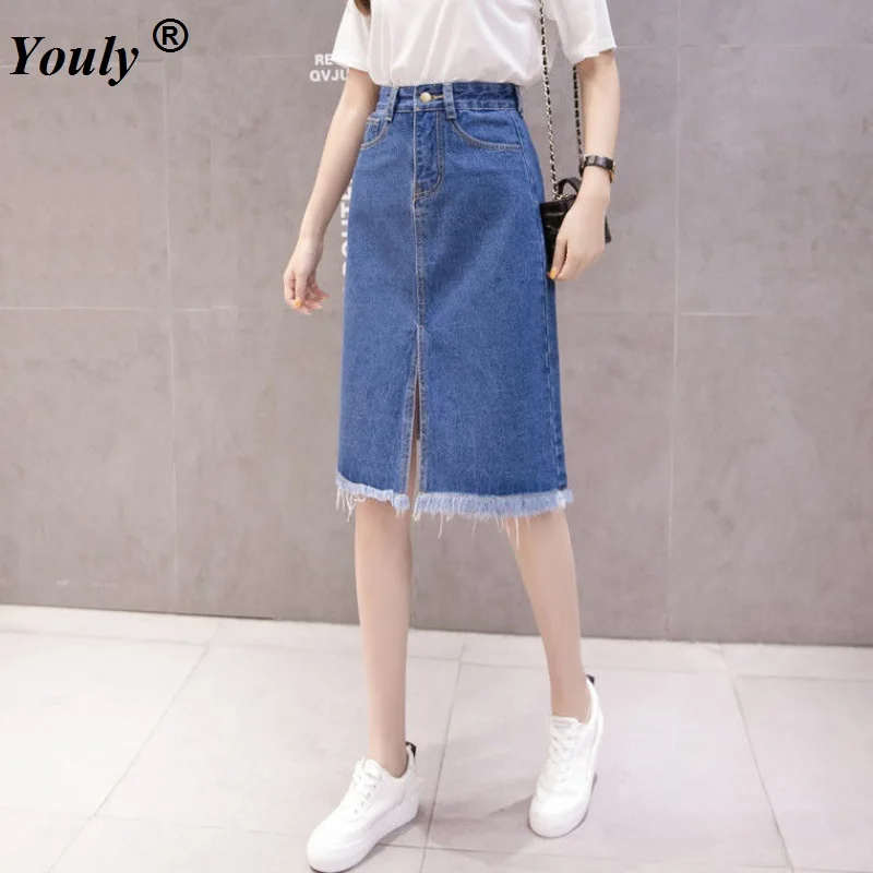 Split Tassel Denim Skirts Women Summer 2021 Casual Slim High Street Basics Simple Midi Jeans Skirt Femme Sexy Pencil Midi Skirt