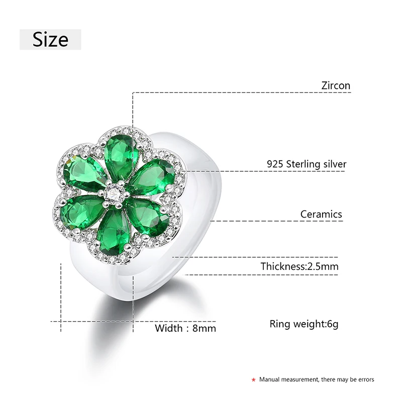 New 925 Sterling Silver Flower Rings For Women With Green Crystal Fashion Trendy Wedding Jewelry With 8mm Smooth Ceramic Ring