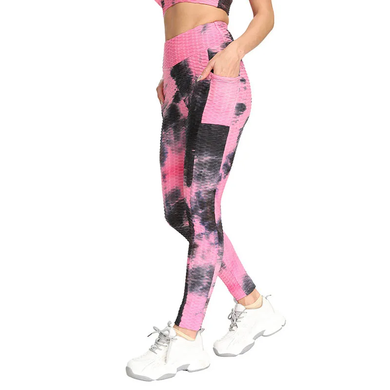 The New Women's Yoga Pants Ladies Tie-Dye Pockets Breathable Buttocks Sports Fitness Jacquard Bubble Pilates Movement Yoga Pants