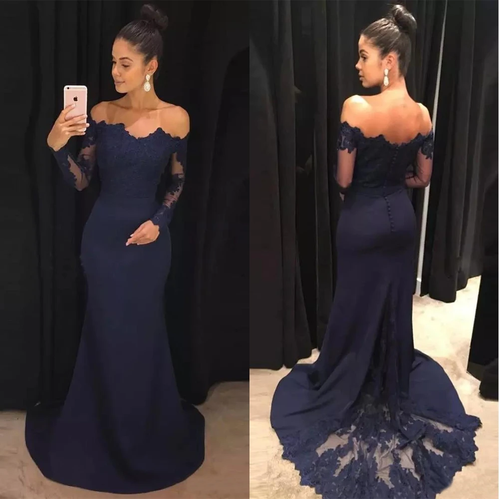 

Mermaid Applique Formal Dresses Long Sleeve Prom Party Gown Evening Dress Button Off-Shoulder Dresses Elastic Satin