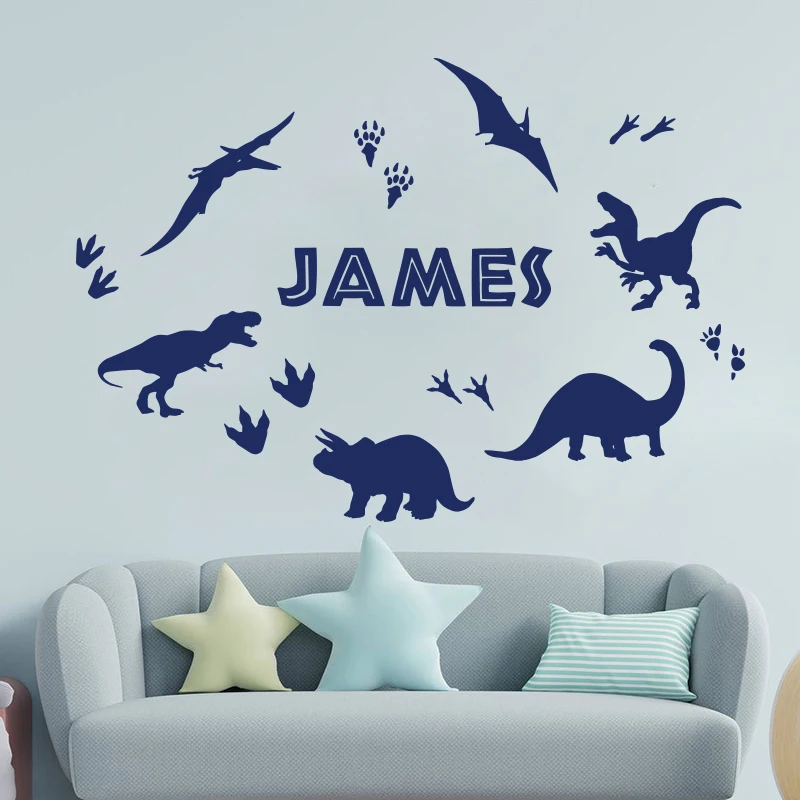 Custom Name T-Rex Dinosaur Animal Wall Sticker Nursery Kids Room  Park World Dino Personalized Name Footprint Wall Decal
