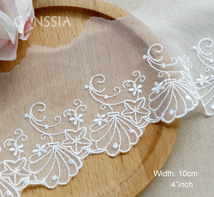 Width:10cm (4 inch) Fabric Flower Embroidered Lace Trim Ivory White For Curtains Dress DIY Sewing Supplie Decoration (ss-2344)