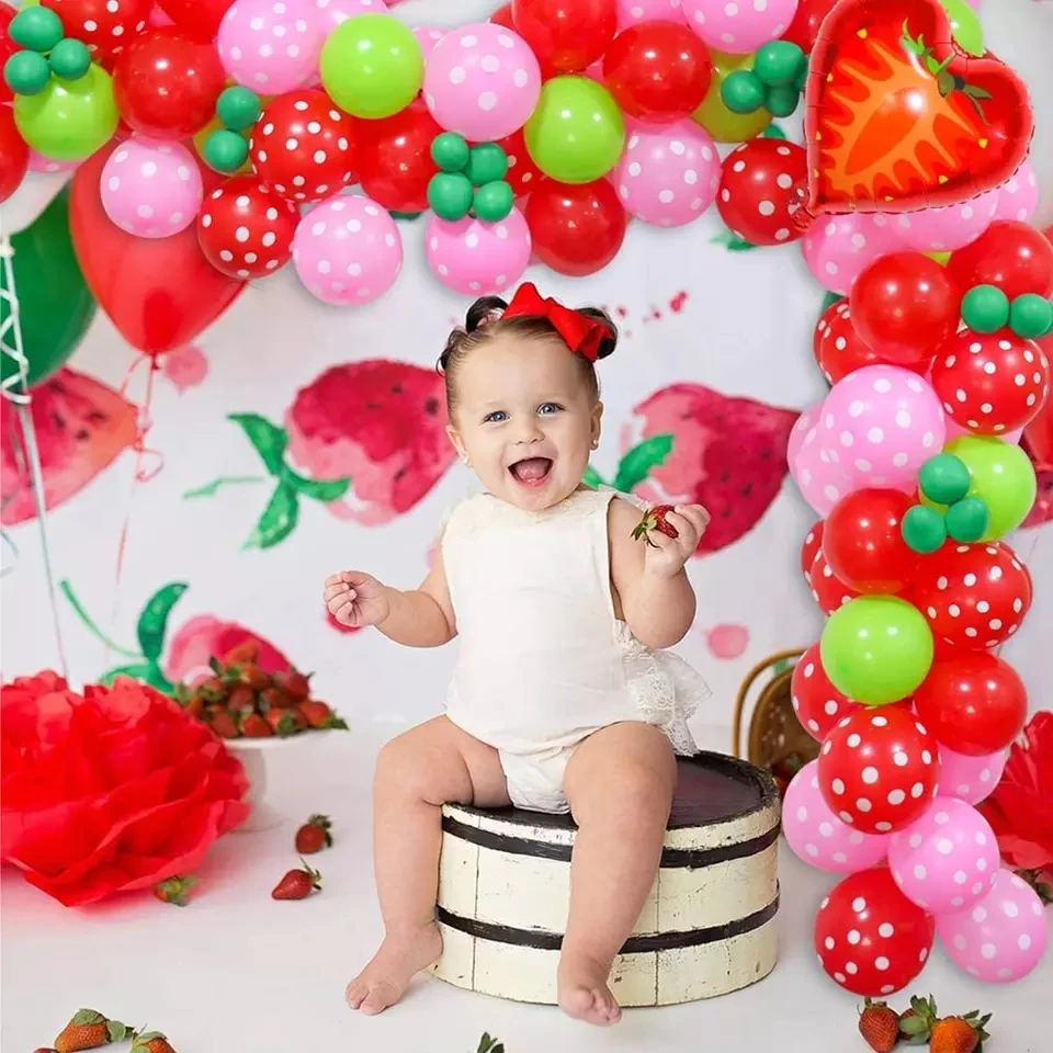 105pcs Strawberry Foil Party Balloons Arch Garland Baby Shower for Summer Theme Party Berry First Birthday Summer Fruit Party