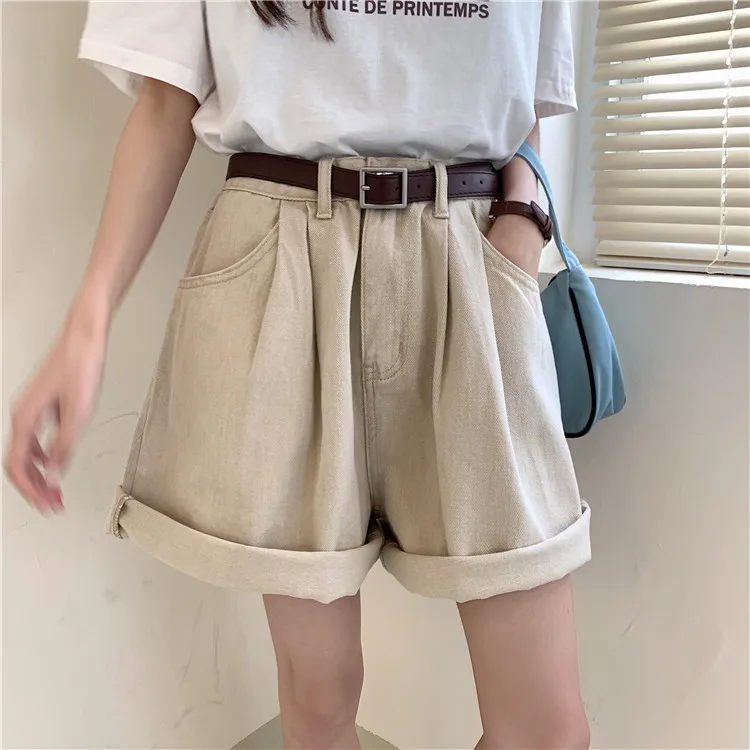 Women's Denim Shorts Rolled Hem Pleated Summer Jeans Short Super Loose Hot Shorts Pockets Jeans Beige Holiday Beach Trendy Wear