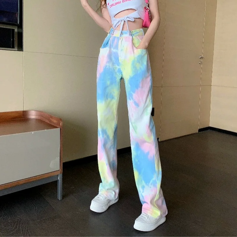 Streetwear Summer Rainbow Tie Dye Printed Jeans High Waist Straight Gradient Loose Denim Pants Y2K Wide Leg Jean Denim Trousers