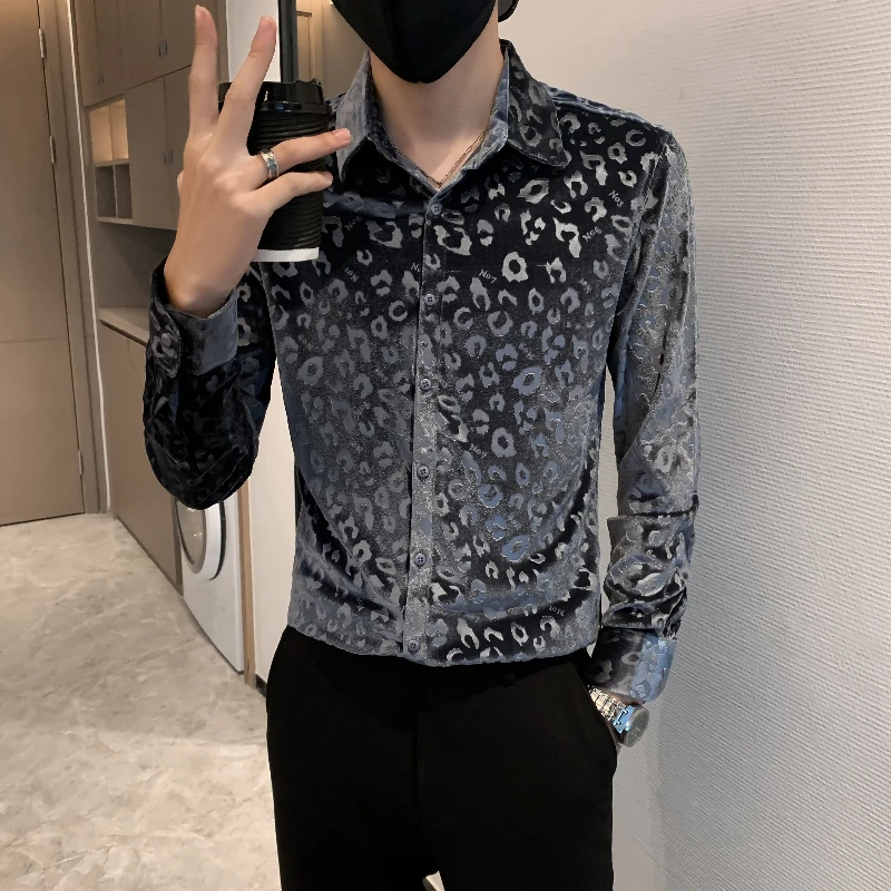 Leopard Print Velvet Men\'s Shirt 2021 Autumn Winter Keep Warm Long Sleeve Slim Fit Casual Shirt Social Business Men Clothing