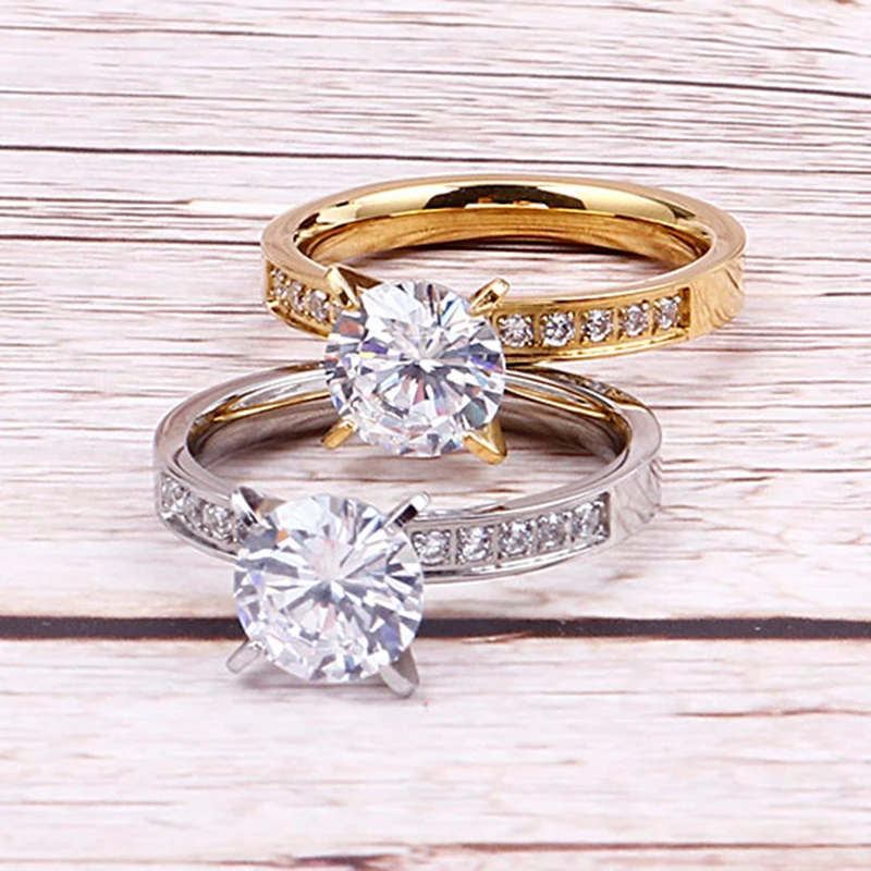 2ct CZ Stone Engagement Ring for Women Gold Color Stainless Steel Wedding Ring Forever Love Jewelry Ring