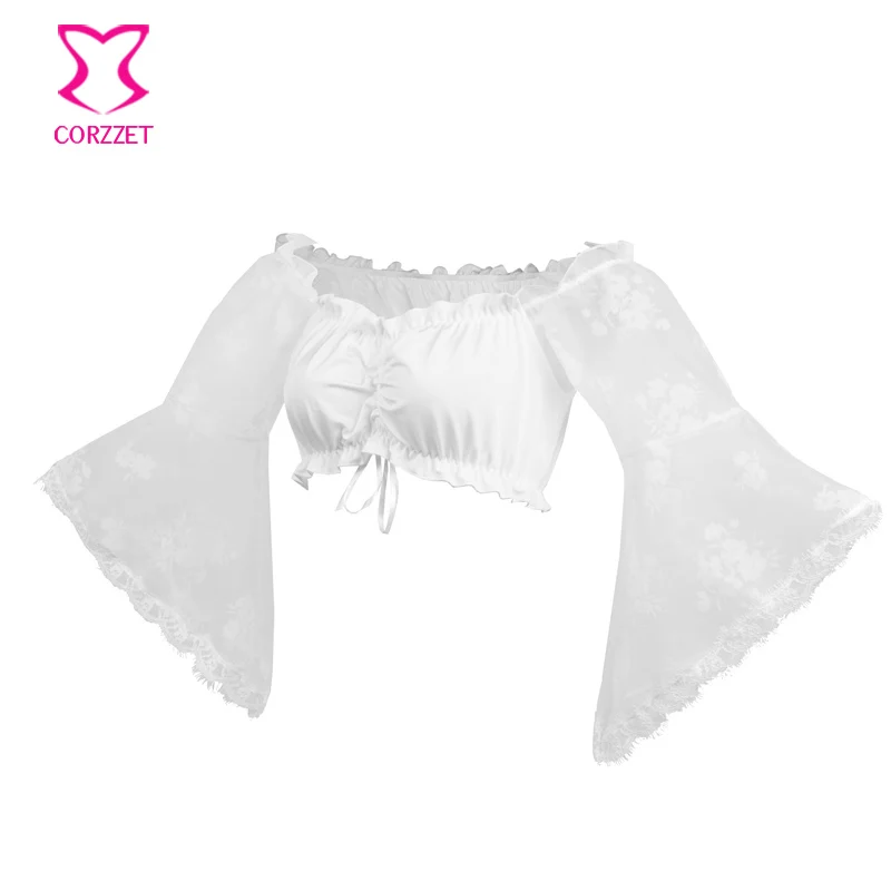 2020 Sexy Ladies Summer Lace Slim Crop Tops Flare Long Sleeve T-Shirt Casual Punk Organza Floral Lace Wrapped Chest Short Tops