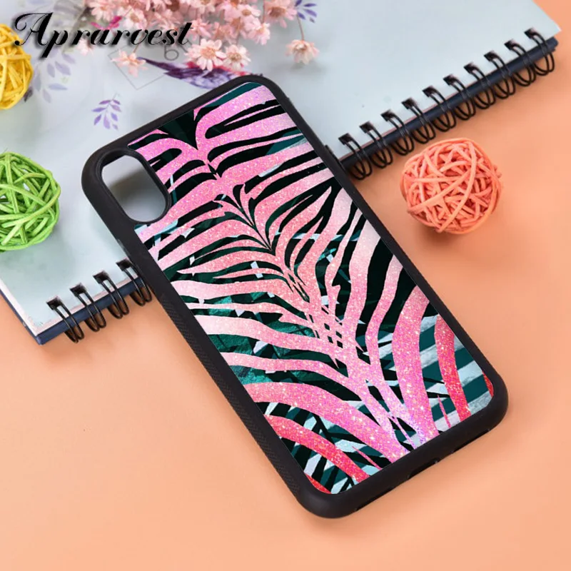 Aprarvest Pink Sparkle Zebra Stripes Silicone Rubber Phone Case Cover For iPhone 6 6S 7 8 PLUS X XS XR 11 12 MINI PRO MAX