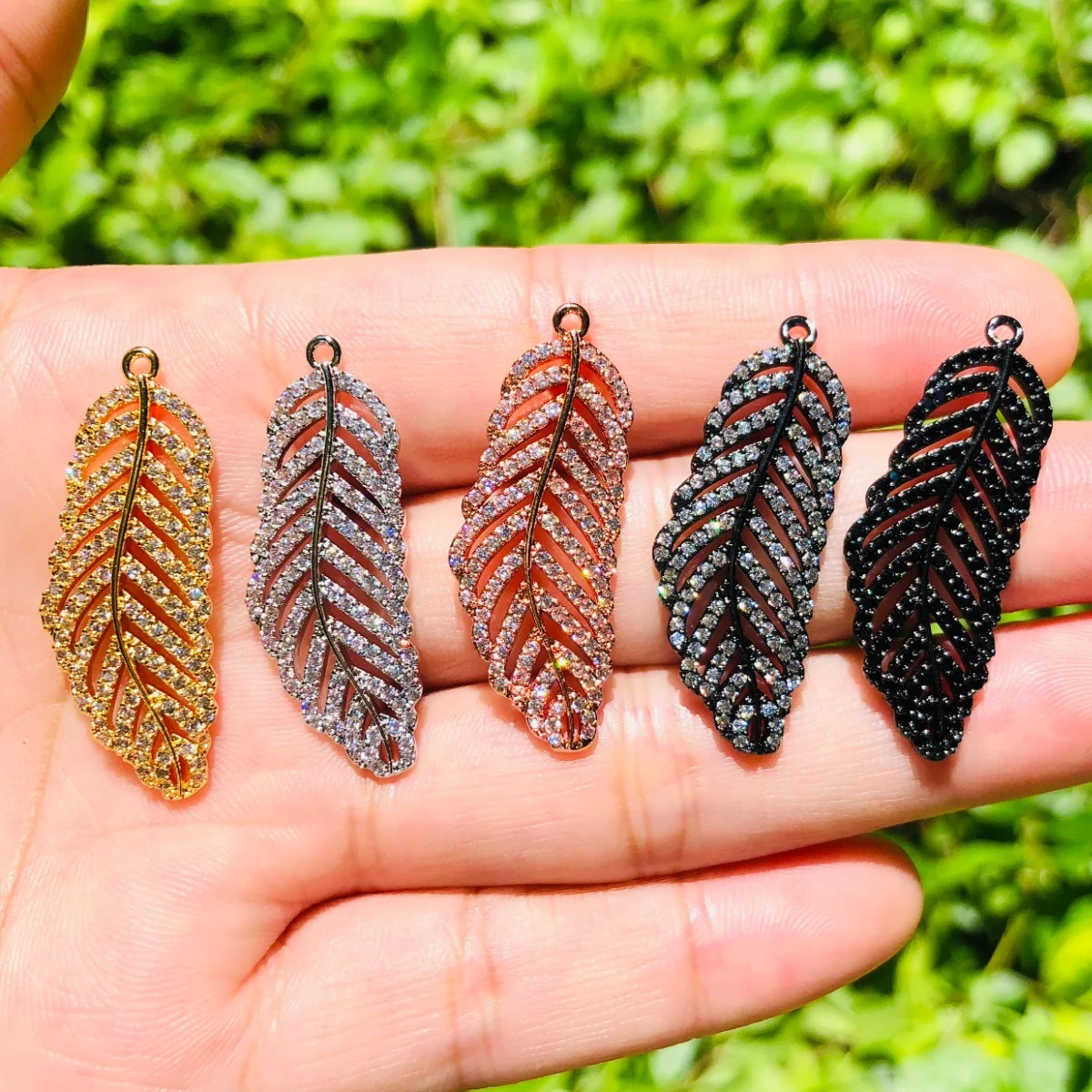 5pcs Zirconia Paved Feather Charm Pendant Women Bracelet Making Girl Necklace Bling Earring Handmade Jewelry Accessory Wholesale