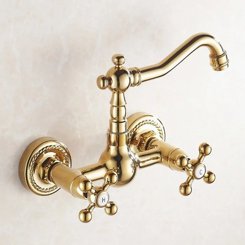 Luxus Gold Farbe Messing Wand Montiert Schwenk Auslauf Badezimmer Badewanne Wasserhahn Heiß Kalt Mixer Wasserhähne Zwei Kreuz Griffen agf019