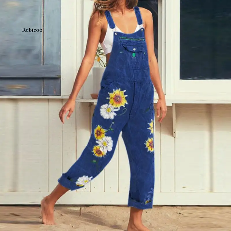 Women Long Trousers Print Denim Jumpsuit Romper Overalls Straps Jumpsuit Spring Ladies Casual Loose  Flower Jumpsuits