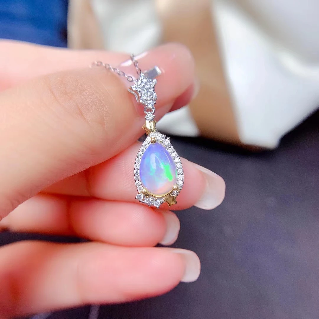 

Luxury New Water Drop Style Natural Opal Pendant of Women Necklace Real 925 Silver Natural Gemstone 7x11mm Size Party Gift Sale