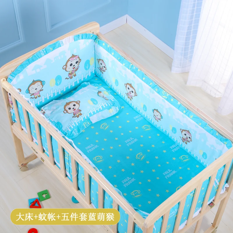 Baby Wooden Crib with Mosquito Net Baby Rocking Crib with Roller Newborn Infant Game Bed Computer Table Baby Cot Bedding Set