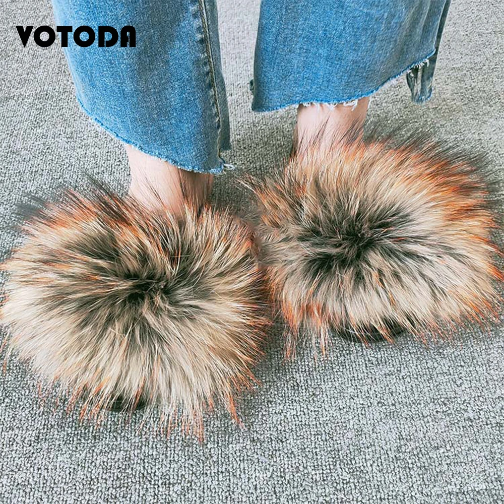 Summer Women Shoes Furry Raccon Fur Slippers Cute Fluffy Fox Fur Slides Girl Soft Home Flip Flop Breathable Non-slip Fur Sandals