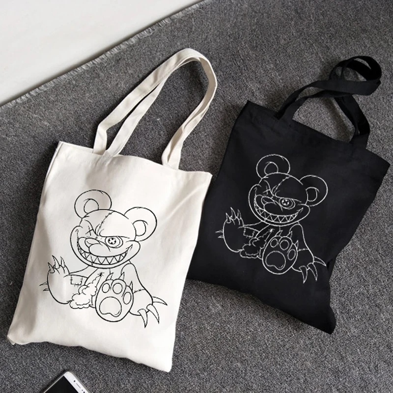 Women Gothic Bear Black Cotton Canvas Shopper Bag Girl Harajuku 90s Y2K Classic Vintage Shoulder Handbag Female Bolsa Compra