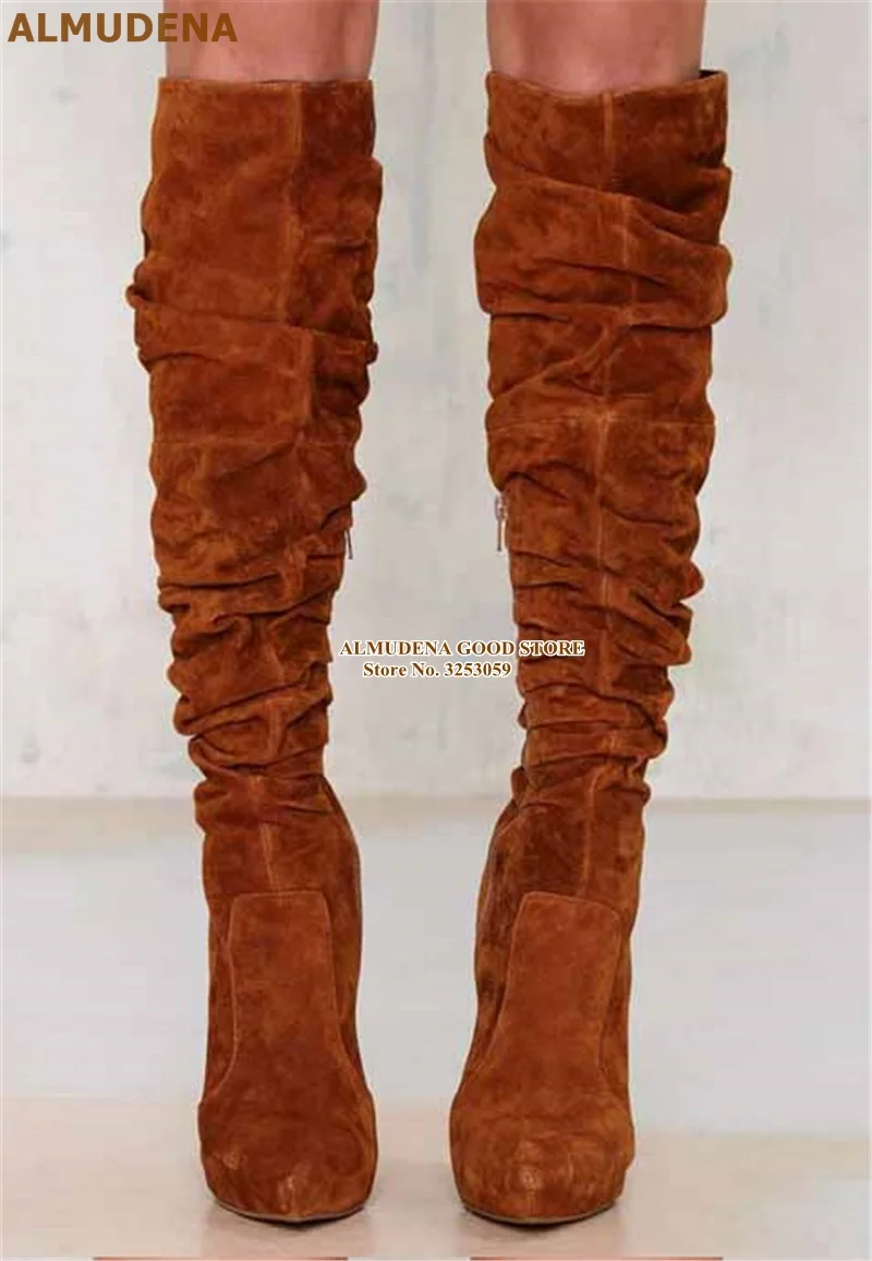 ALMUDENA Brown Suede Folded Knee High Boots Stiletto Heels Tall Boots Fall Winter Chocolate Gladiator Long Boots Size47 Dropship