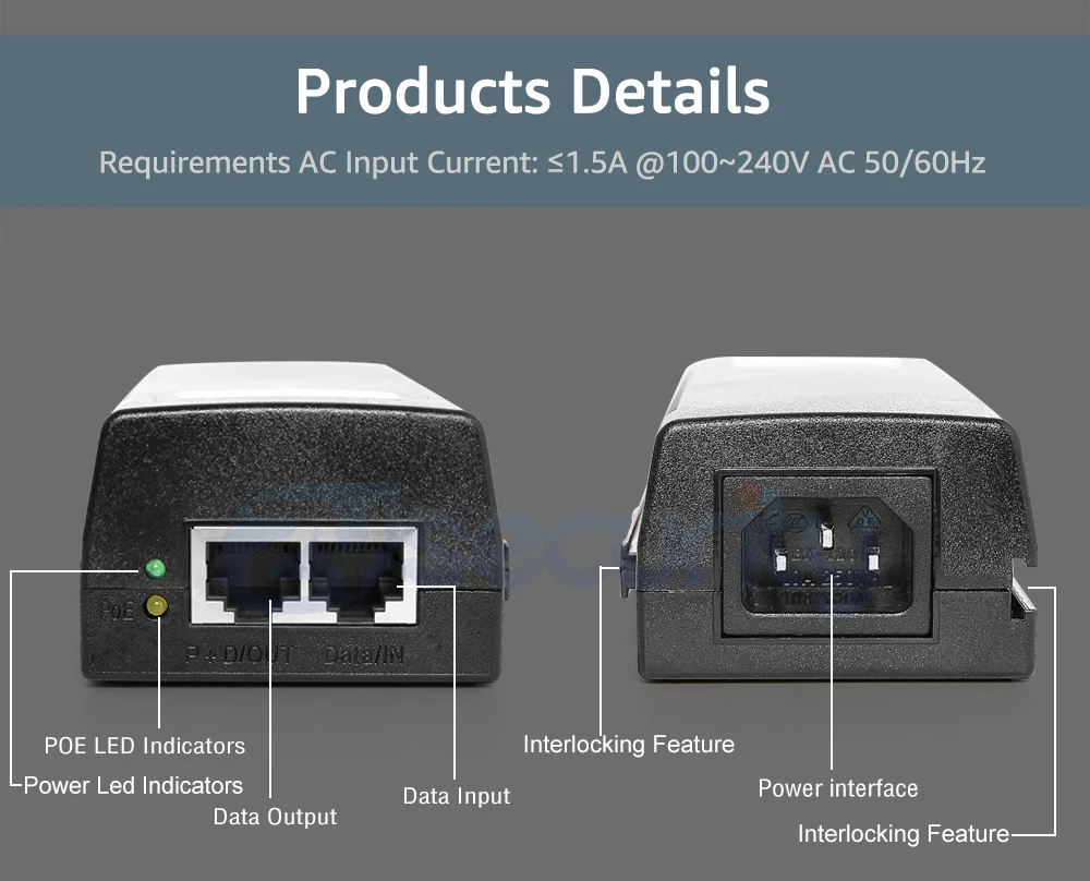 1000Mbps Gigabit 90W High Power POE Injector At 4-pairs standard DC 54V Output 100-240V Input POE Power For CCTV PTZ IP Camera