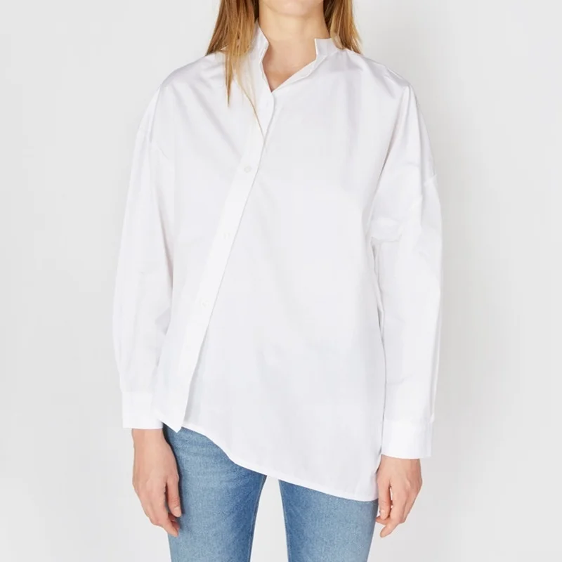 

Women Black White Stripes Asymmetric Blouse New Skew Neck Long Sleeve Loose Fit Shirt Fashion Spring Autumn 2021 X384