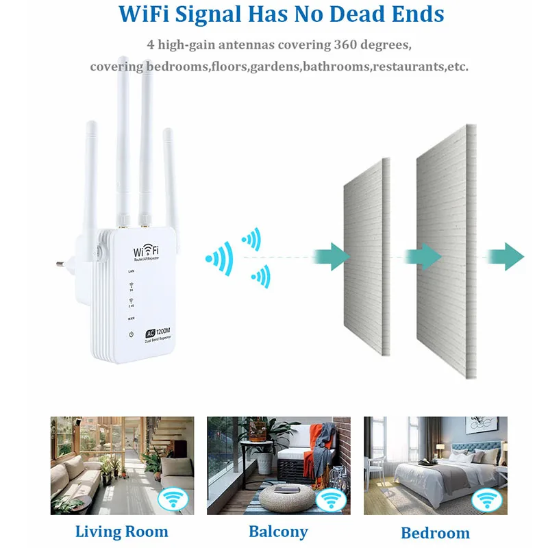 Kuwfi-WiFi 2.g/ 5g,1200mbps,ルーター,ワイヤレスエクステンダー,4つのデュアル外部アンテナを備えた信号増幅器