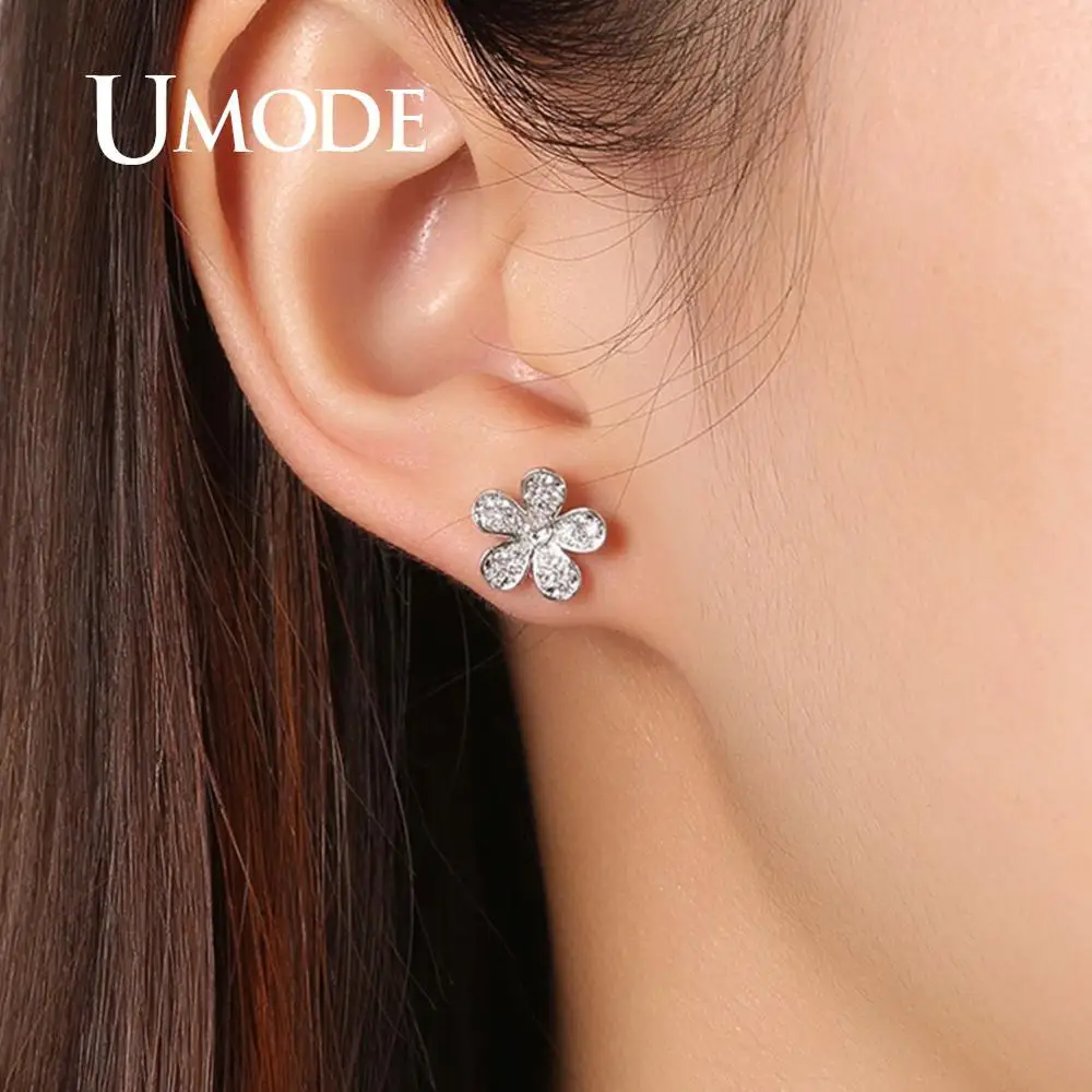 UMODE Cute Flower Shape Stud Earrings for Women White Gold Color Jewelry Fashion Blossom Boucle D\'oreille Femme Christmas UE0321