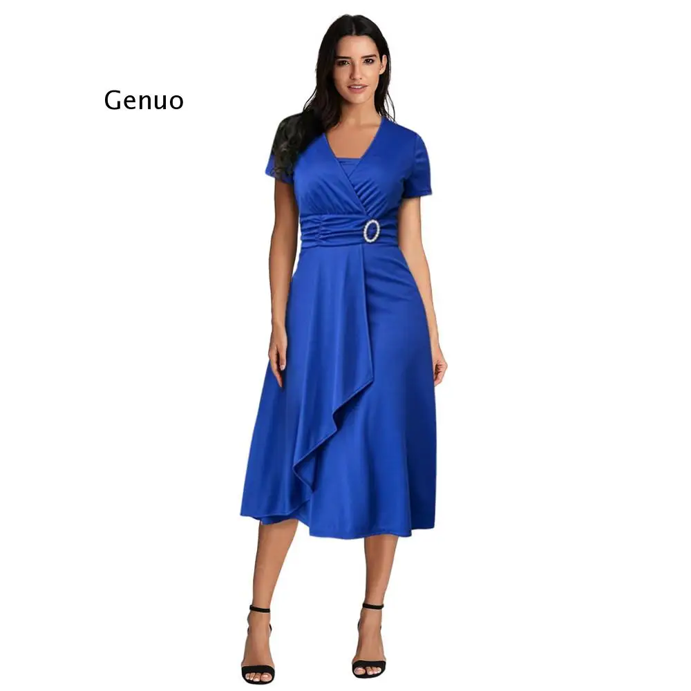 Women's Clothing Sexy V-Neck Short Sleeve Dress Ladies Fashion Casual  Summer Hem Ruffled Party Belt Dress