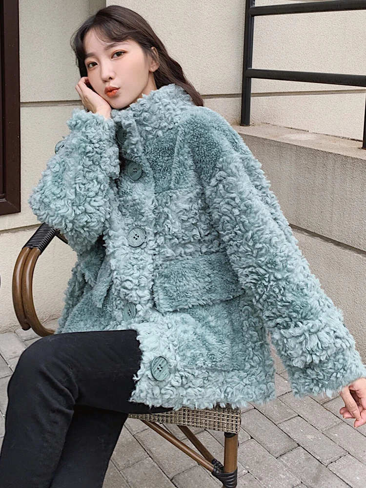 100% Sheep Shearling Real Fur Coat Winter Wool Coats and Jackets Women Clothes 2020 Korean Long Jacket W2135