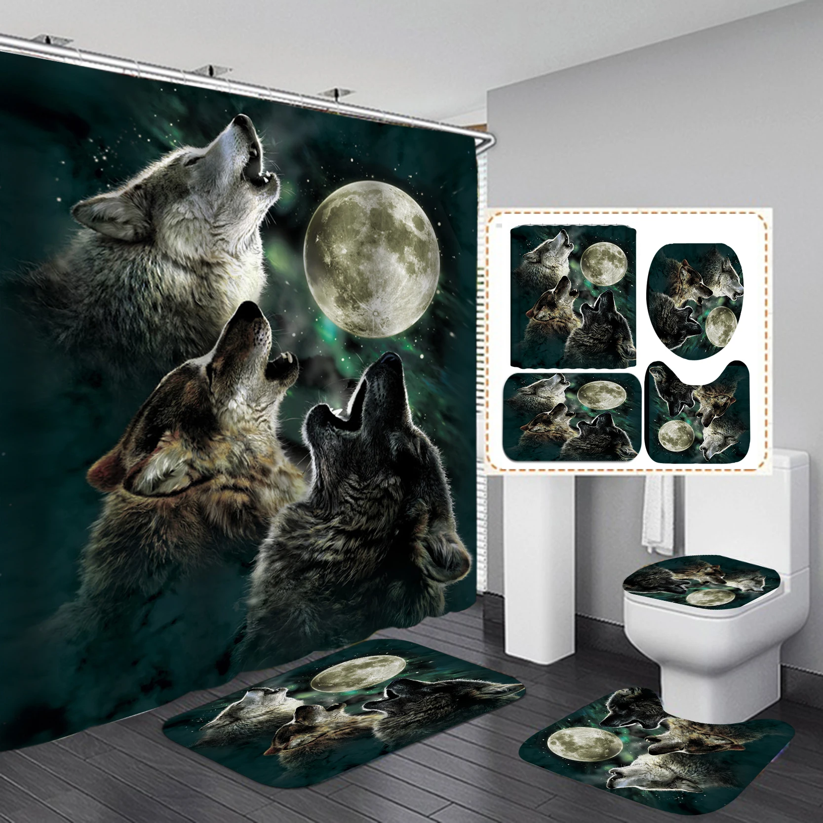 Wolf and Moon Digital Printed Shower Curtain Waterproof Bathroom Curtain Set with Hooks Home Decor Cortina De Baño De Lobo