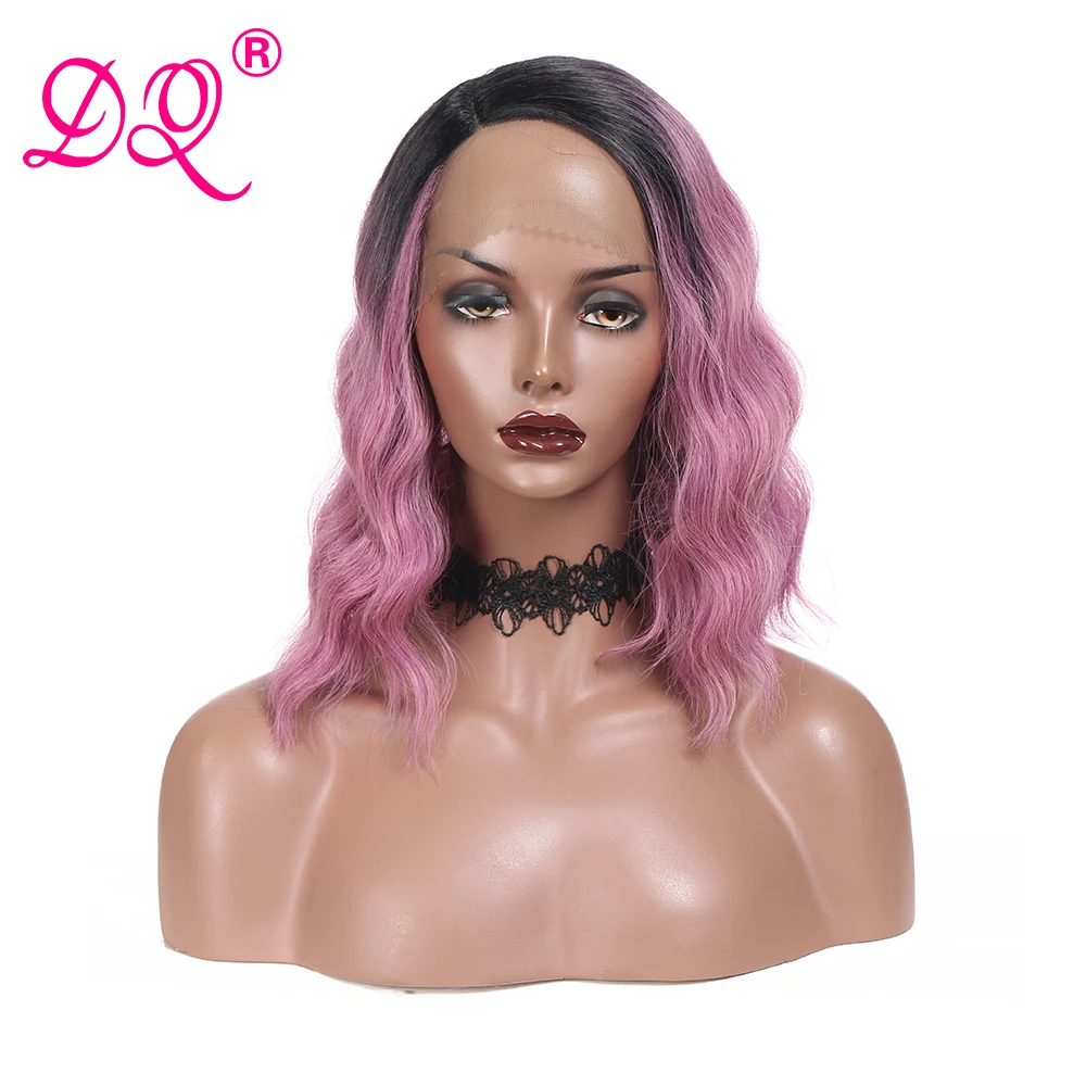 

DQ Hair Ombre Green Natural Wave Lace Front Wig Synthetic Wig for Women Short Bob Wig Halloween Cosplay Wigs Ombre Blonde Purple