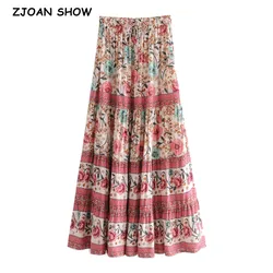 2021 Bohemia Contrast color Floral Print Long Skirt Stitching Ruched Ruffle Hem Holiday Women Elastic Waist Swing Skirts Beach