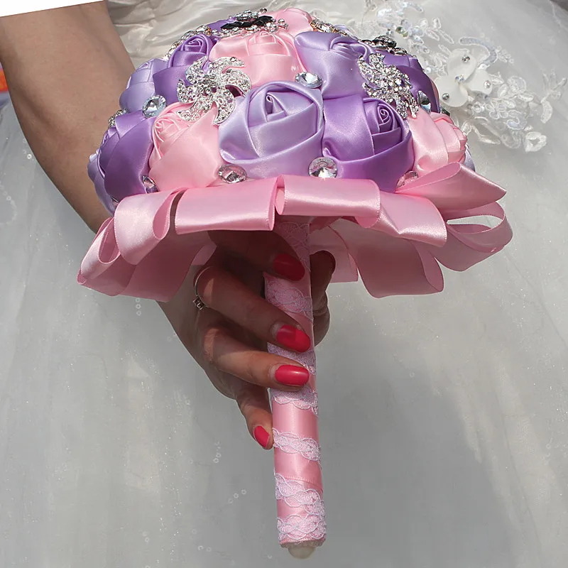 Pink Purple Wedding Bouquets Pearls Artificial Flowers Crystal Sweet 15 Quinceanera Bouquets Wedding Accesories W2293