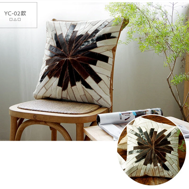 

Handmade Real Cowhide Patchwork Cowhide Geometric Pillow Cover, Geometric Living Room Sofa Car Office Cushion, 50 CM
