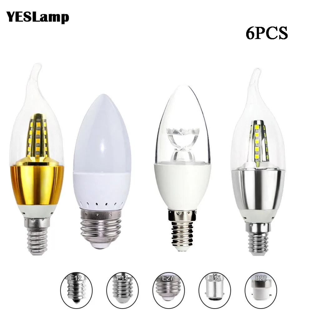 6xE14 LED Candle Bulb Light E27 Energy Saving Lamp 3W 5W 7W 8W Spotlight Bombilla Lampara Chandelier For Home Decor E12 B22 B15