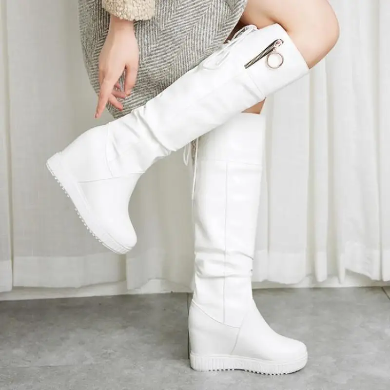 33-43 Women\'s Shoes White Boots Wedges High Heels Thin Leg Boots Back Back Lace Up Long Boots
