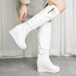 33-43 Women's Shoes White Boots Wedges High Heels Thin Leg Boots Back Back Lace Up Long Boots