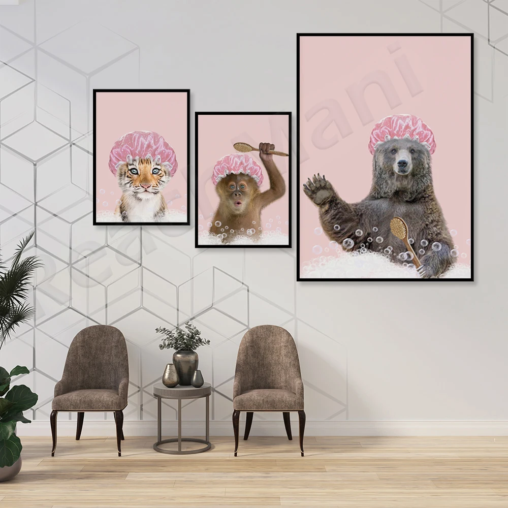 Baby Tiger Little Monkey Bear waved bath prints, funny bathroom wildlife posters, fantastic animals, children's bathroom art